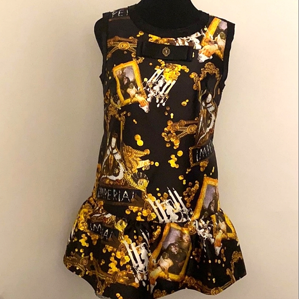 Black & Gold Printed Mini Dress - Sleeveless Drop-Waist